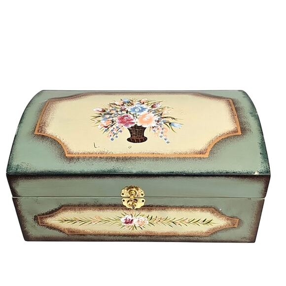 Vintage 90's Large Green Pink Peach Blue Tan Handpainted Jewelry Chest 14" x 9" - Picture 1 of 8